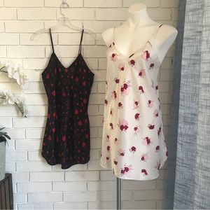 Romantic Moods Set of 2 Satin Slip Dress Chemise Hearts Roses